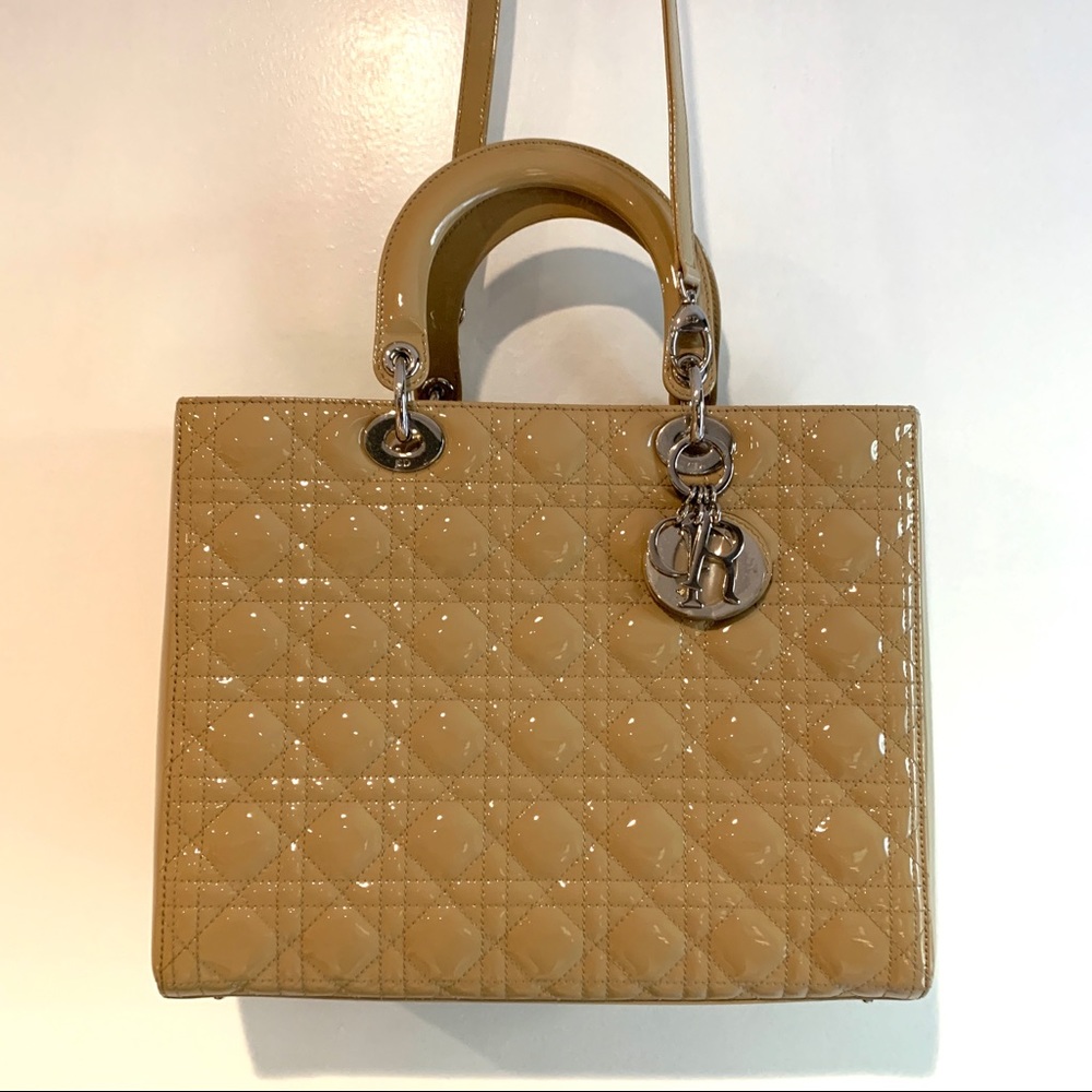 CHRISTIAN DIOR Patent Cannage Large Lady Dior Nude